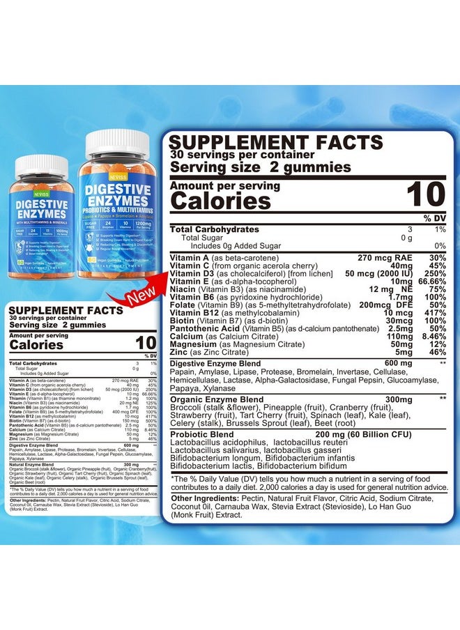 NEVISS - Digestive Enzymes with Probiotic Gummies, Multivitamins, Calcium, Magnesium - All 24 Essential Chewable Multi Enzymes - Papaya, Lipase, Amylase, Bromelain - Breaking Down Carbs, Proteins, Fats, 2Packs - Image 1