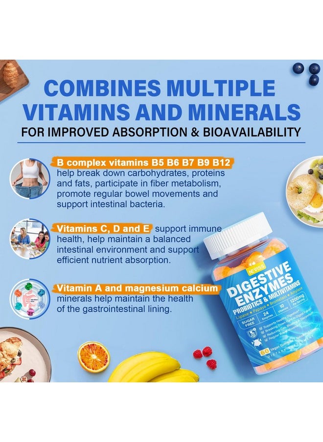 NEVISS - Digestive Enzymes with Probiotic Gummies, Multivitamins, Calcium, Magnesium - All 24 Essential Chewable Multi Enzymes - Papaya, Lipase, Amylase, Bromelain - Breaking Down Carbs, Proteins, Fats, 2Packs - Image 1