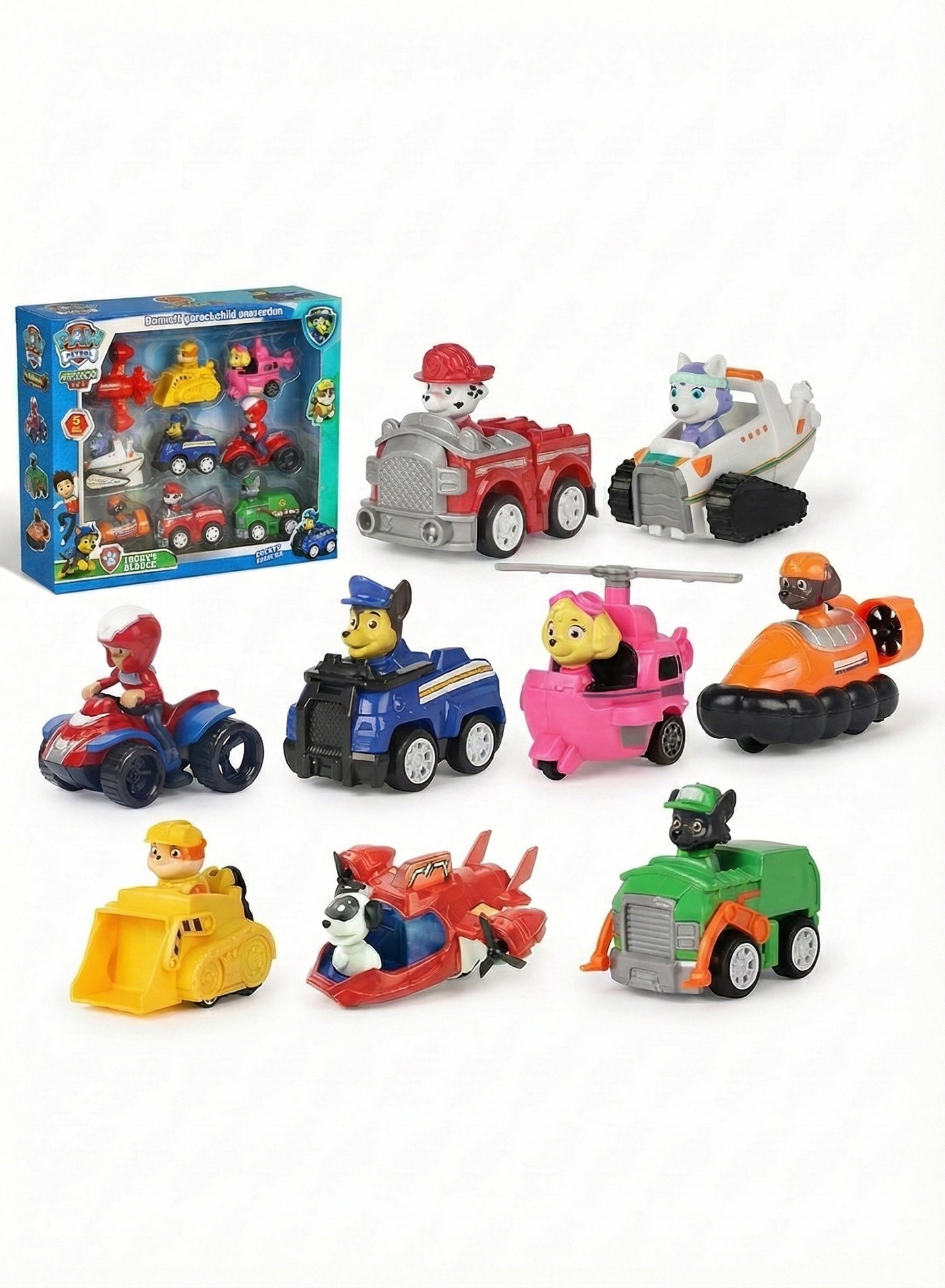 Dogs Patrolling Toy Paw Patrol Toy Cars Set – 9 Piece Patrol Dogs Rescue Vehicle Squad with Figures | Chase, Marshall, Skye, Ryder & Everest Mini Racers | Friction Push & Go Action Playset | Cake Toppers & Birthday Gift for Boys & Girls 3+