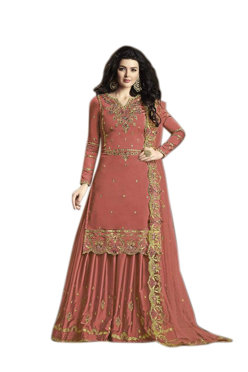 THE 9192 Women's Semi Stitched Embroidered Kurta Sharara Set Heavy Work Georgette Regular Fit Kurta Sharara Dupatta Set (Orange), 2XL - Image 5