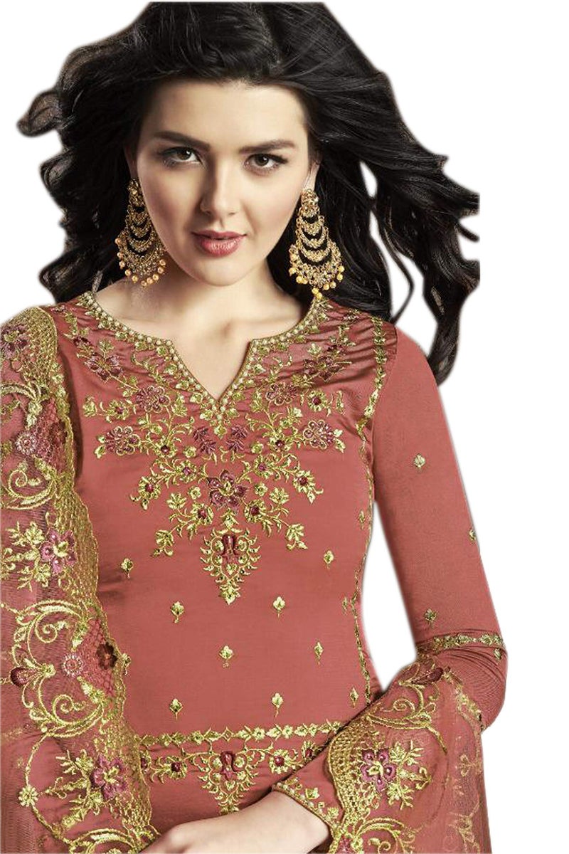 THE 9192 Women's Semi Stitched Embroidered Kurta Sharara Set Heavy Work Georgette Regular Fit Kurta Sharara Dupatta Set (Orange), 2XL - Image 3