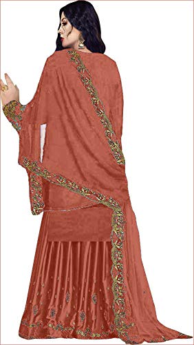 THE 9192 Women's Semi Stitched Embroidered Kurta Sharara Set Heavy Work Georgette Regular Fit Kurta Sharara Dupatta Set (Orange), 2XL - Image 2