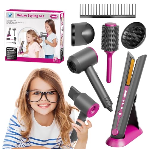 PIXATA Girls Hair Salon Toys for Girls Beauty Salon Deluxe Styling Set Kids Hair Dryer Toy Straightener Hairdryer with Real Function Interactive Lights Sounds Fashion Play Set for Children Age 3 - Image 1