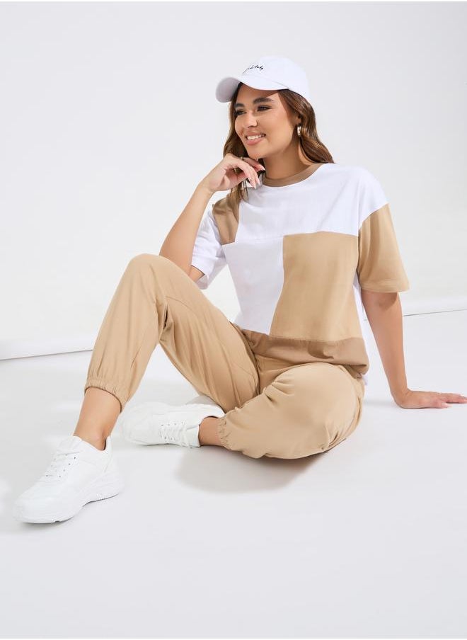 Styli Color Block Patch Oversized T-Shirt & Cuffed Joggers Co-Ords  - Image 1