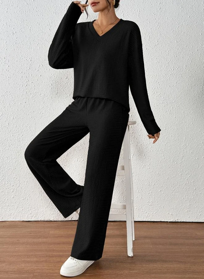 Take Two Women Black Textured T-Shirt and Pants Co-Ords