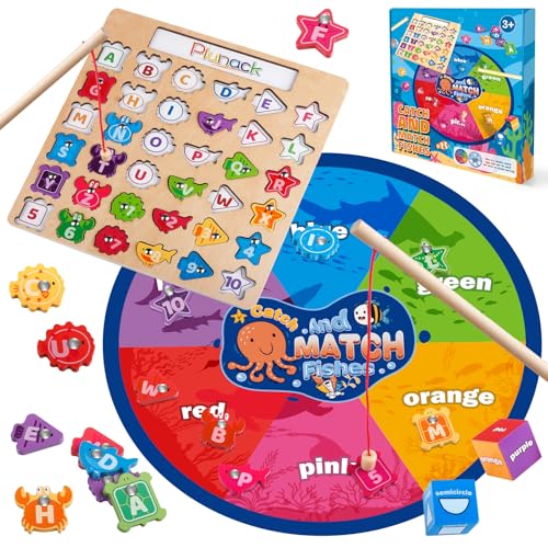 Plunack Alphabet Fishing Game Wooden ABC Letter Puzzle for Toddlers 35 Years Old Fine Motor Skills Toy Birthday Gift for Kids - Image 1