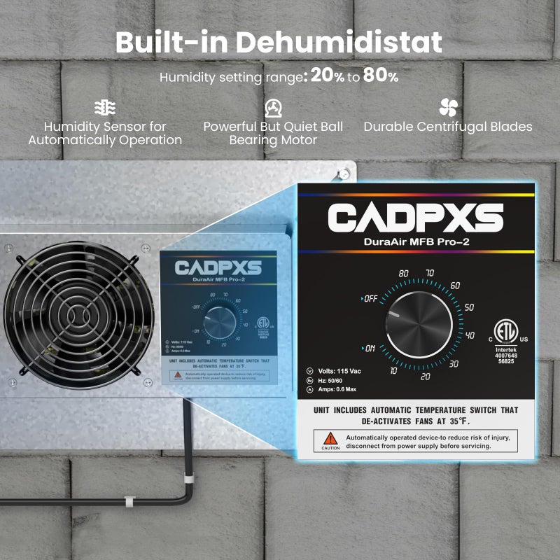CADPXS Crawlspace Ventilation Fan, Crawlspace Fan Vent with Humidistat, Dehumidistat & Freeze Protection Thermostat, for Crawl Spaces/Basement/Garage/Attic/Hydroponics Grow Tents (220 CFM Air Out) - Image 3