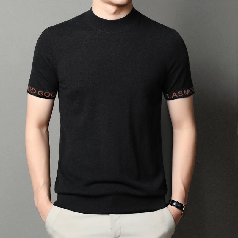 Short-sleeved sweater men's T-shirt all wool 2023 spring and summer wear young and middle-aged men's base sweater semi-turtleneck sweater - Image 2