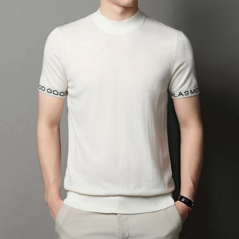 Short-sleeved sweater men's T-shirt all wool 2023 spring and summer wear young and middle-aged men's base sweater semi-turtleneck sweater - Image 4