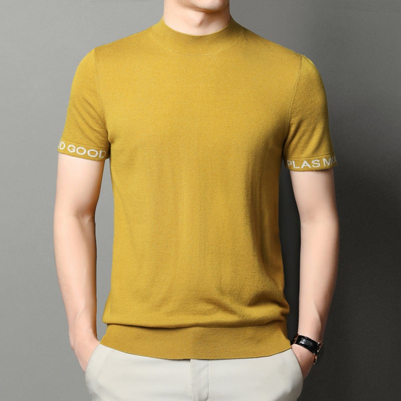 Short-sleeved sweater men's T-shirt all wool 2023 spring and summer wear young and middle-aged men's base sweater semi-turtleneck sweater - Image 3