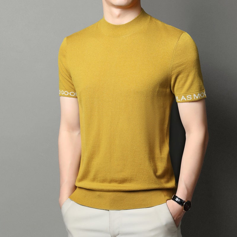 Short-sleeved sweater men's T-shirt all wool 2023 spring and summer wear young and middle-aged men's base sweater semi-turtleneck sweater - Image 1