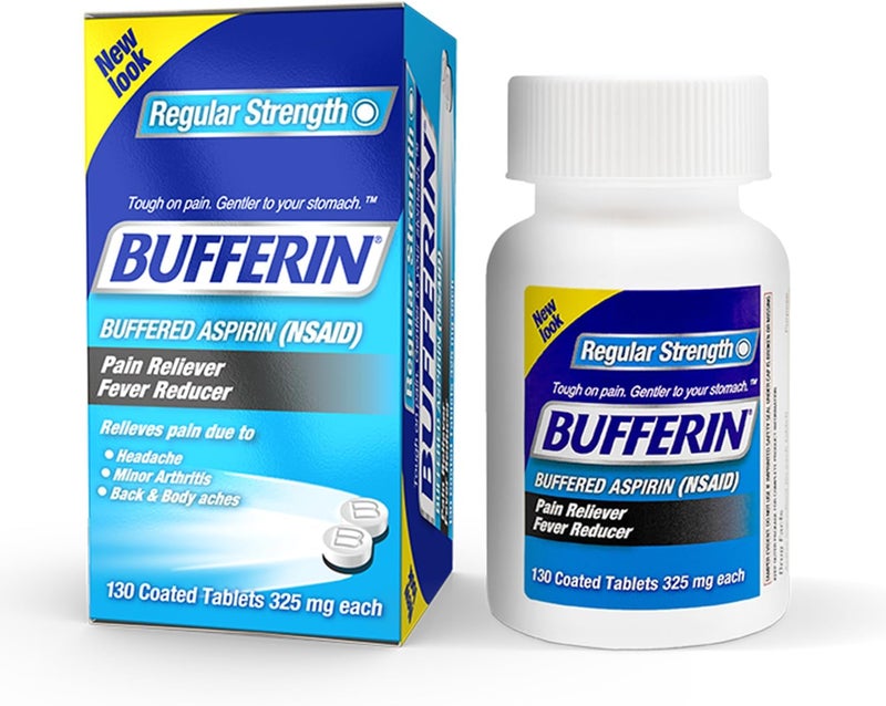 Bufferin Aspirin 325mg, Pain Reliever & Fever Reducer, with 3 Buffering Agents Relieves 7 Types of Pain: Headaches, Back Ache, Arthritis, Muscle Aches & More, for Adults, 130 Coated Tablets, 1-Pack