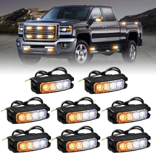 XRIDONSEN 8PCS Sync Truck Grill Lights 32 LED Strobe Lights Amber White Grille Surface Mount Emergency Flashing Warning Safety Hazard Caution Light for Tow Plow Trucks Construction Vehicles Car - Image 1