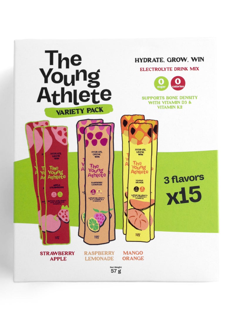 The Young Athlete Electrolyte Hydration Powder – Mixed Pack – Sodium 252mg, Zero Sugar, Keto, 0 Calories, Gluten Free, Vitamin D3 & K2 for Bone Health – 3.8gx15 Sticks - Image 1