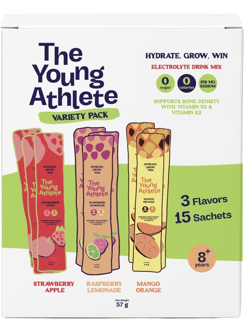 The Young Athlete Electrolyte Hydration Powder – Mixed Pack – Sodium 252mg, Zero Sugar, Keto, 0 Calories, Gluten Free, Vitamin D3 & K2 for Bone Health – 3.8gx15 Sticks - Image 1