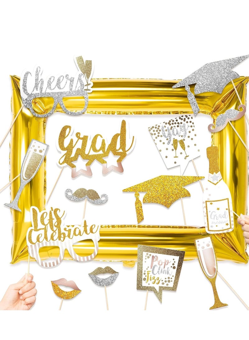 كابتن تيك 15pcs Novelty Birthday Party Photo Booth Props in Gold Funny Selfie with Inflatable Frame for Grad Eye Glasses Mustache, Lips Decoration for Boys Girls Background - Image 1