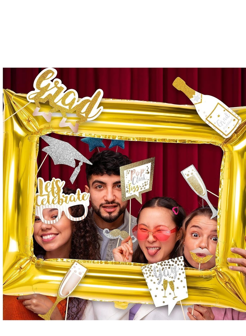 كابتن تيك 15pcs Novelty Birthday Party Photo Booth Props in Gold Funny Selfie with Inflatable Frame for Grad Eye Glasses Mustache, Lips Decoration for Boys Girls Background - Image 2
