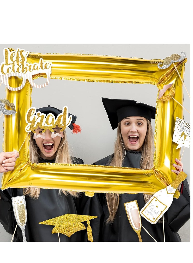 كابتن تيك 15pcs Novelty Birthday Party Photo Booth Props in Gold Funny Selfie with Inflatable Frame for Grad Eye Glasses Mustache, Lips Decoration for Boys Girls Background - Image 3