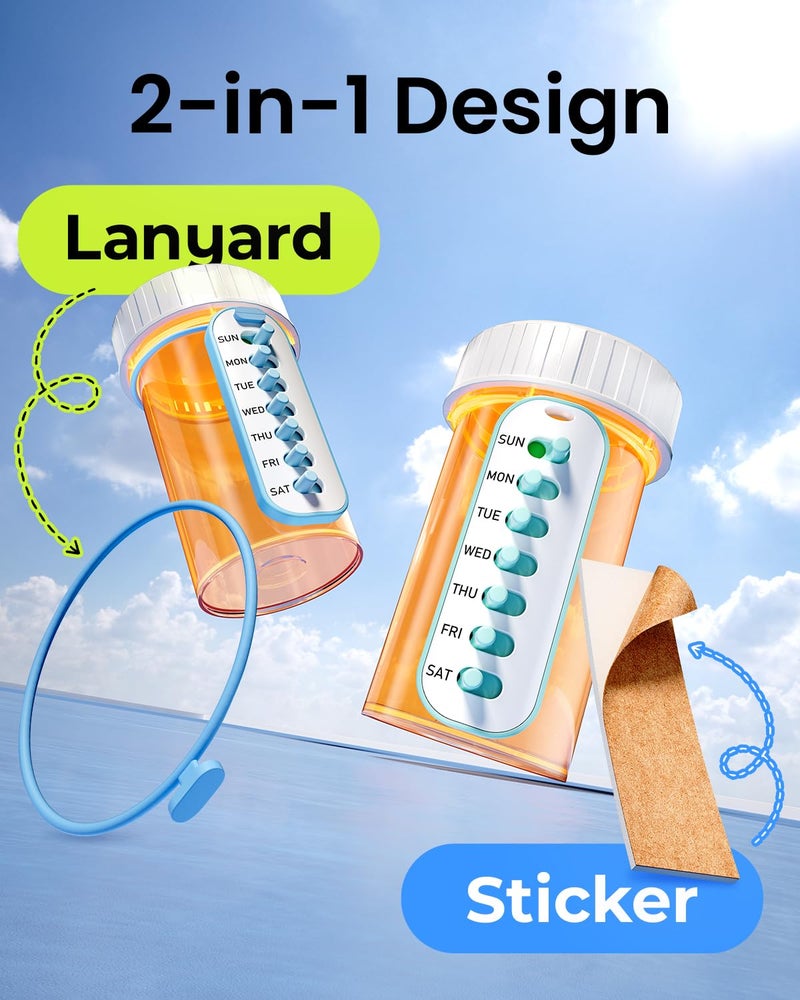Odaro 2 Pack Pill Reminder, Lanyad or Sticker Pill Tracker, Work with Most Bottles, Reusable Medication Tracker Replacement of Vitamin Weekly (7 Day) Medicine Organizer - Image 3