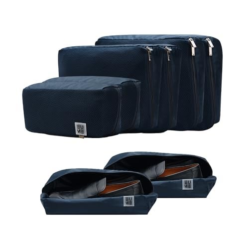 EUME Set of 8 Storage Pods - Travel Organiser Pouch| Durable Fits Into Pocket Cloth Organizer for Storage | Shoe Bag, Toiletry Bag for Men & Women | Spacious Organiser Bags for Clothes | Navy Blue - Image 1