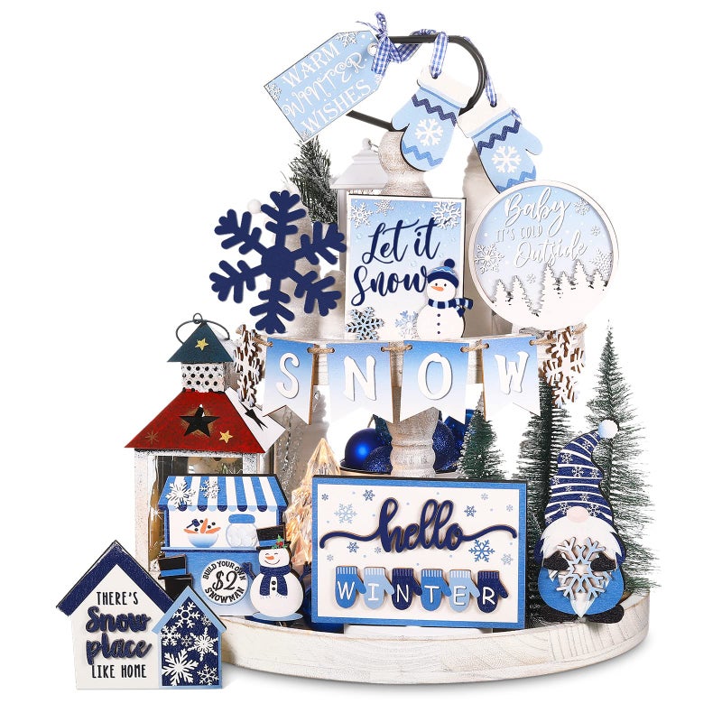 Kajaia 15 Pcs Winter Tiered Tray Decor Christmas Tiered Tray Decorations Set Snowman Snowflake Gingerbread Man Hot Cocoa Wooden Signs Farmhouse Winter Table Decorations(Snowflake) - Image 1