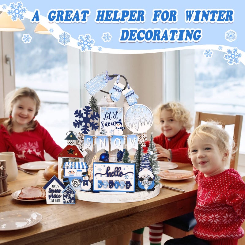 Kajaia 15 Pcs Winter Tiered Tray Decor Christmas Tiered Tray Decorations Set Snowman Snowflake Gingerbread Man Hot Cocoa Wooden Signs Farmhouse Winter Table Decorations(Snowflake) - Image 5