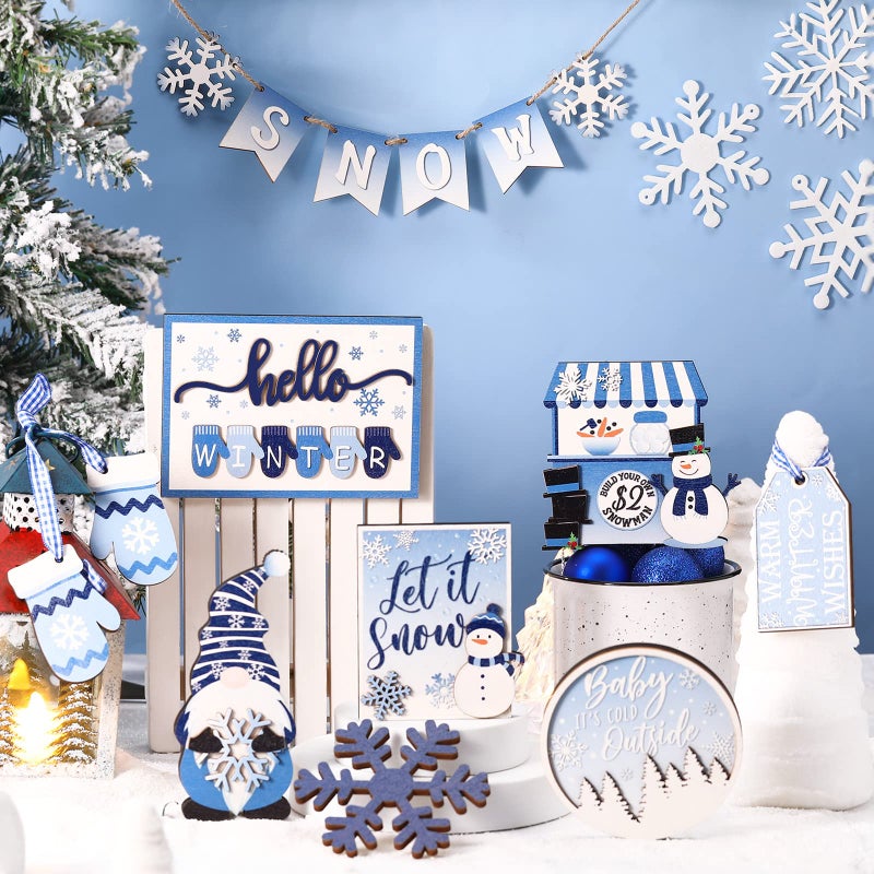 Kajaia 15 Pcs Winter Tiered Tray Decor Christmas Tiered Tray Decorations Set Snowman Snowflake Gingerbread Man Hot Cocoa Wooden Signs Farmhouse Winter Table Decorations(Snowflake) - Image 2