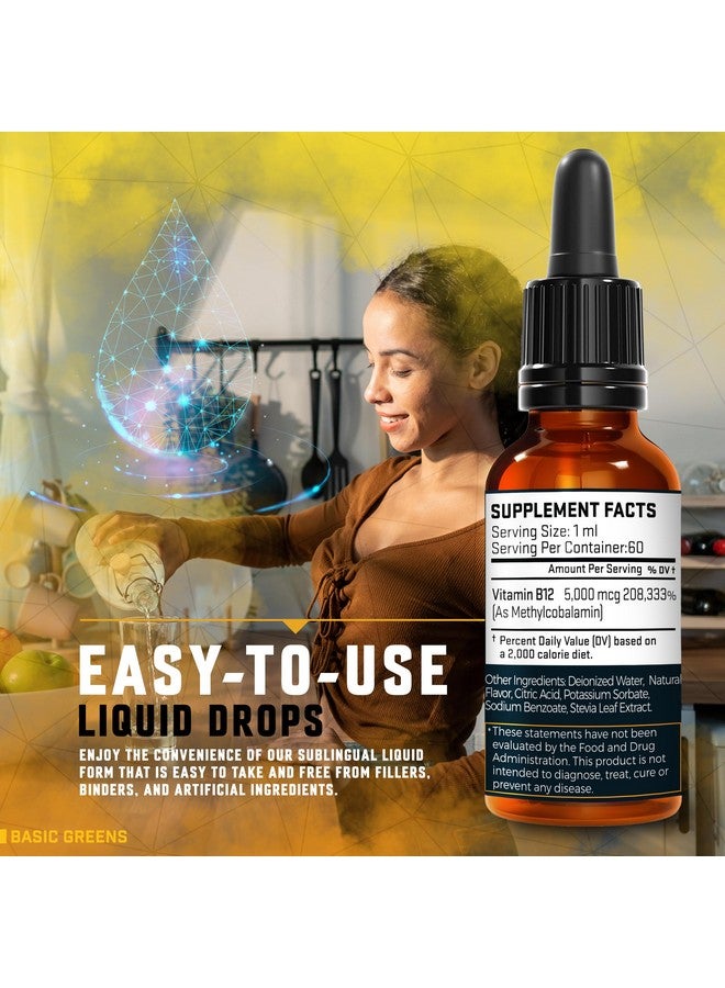 BASIC GREENS Vitamin B12 Sublingual (Vegan) 2 Fl Oz - Methylcobalamin B12 Vitamins 5000 mcg, B12 Liquid Drops, Methyl B12, Cherry Flavor - Image 2