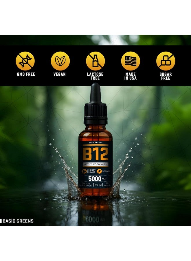 BASIC GREENS Vitamin B12 Sublingual (Vegan) 2 Fl Oz - Methylcobalamin B12 Vitamins 5000 mcg, B12 Liquid Drops, Methyl B12, Cherry Flavor - Image 3