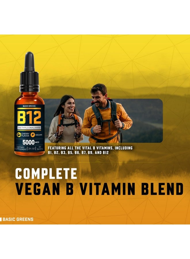 BASIC GREENS Vitamin B12 Sublingual (Vegan) 2 Fl Oz - Methylcobalamin B12 Vitamins 5000 mcg, B12 Liquid Drops, Methyl B12, Cherry Flavor - Image 1