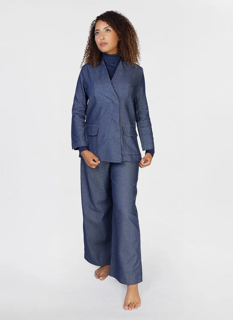 Jimmy Le Bond 2 PC Jeans Suit -of blazer featuring flap pockets and paired with wide-leg trouser and Belt