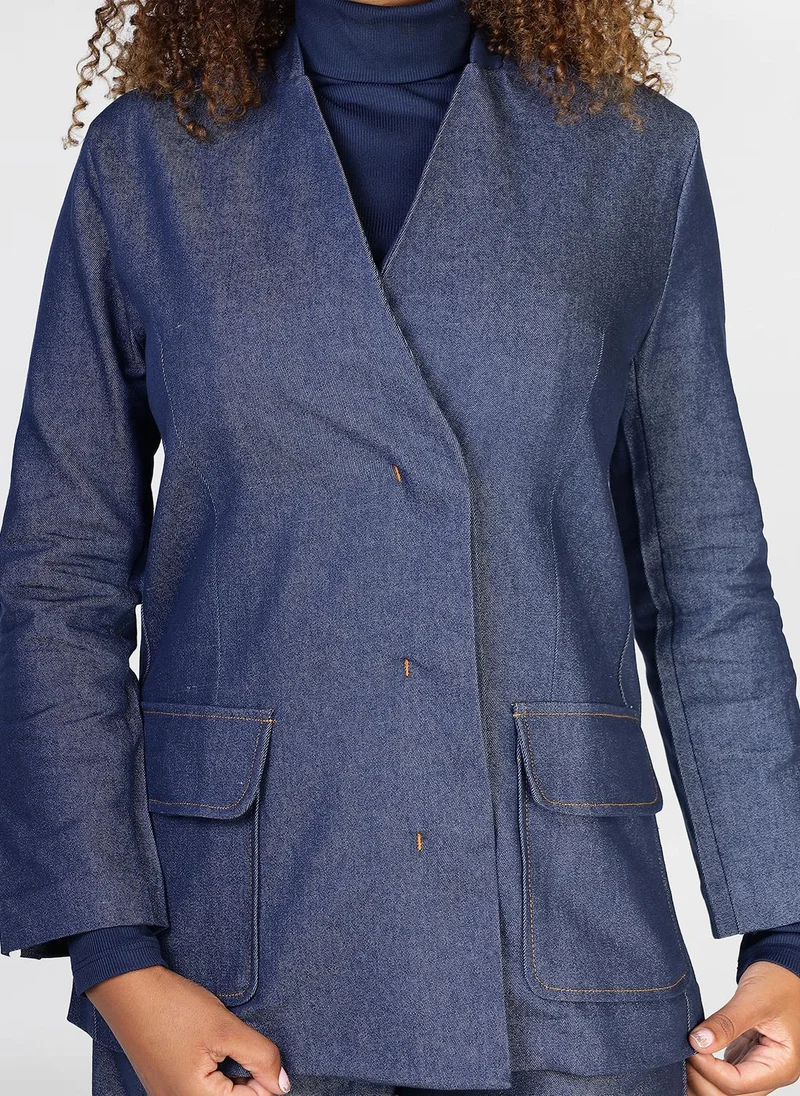 Jimmy Le Bond 2 PC Jeans Suit -of blazer featuring flap pockets and paired with wide-leg trouser and Belt