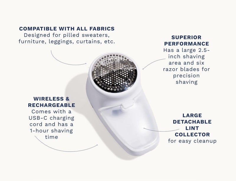 Nori Trim Fabric Shaver - Lint Remover for Clothes & Furniture Couch Pilling - Sweater Pill Remover - Clothes Shaver with 6 Precision Blades - Wireless and Rechargeable - White - Image 3