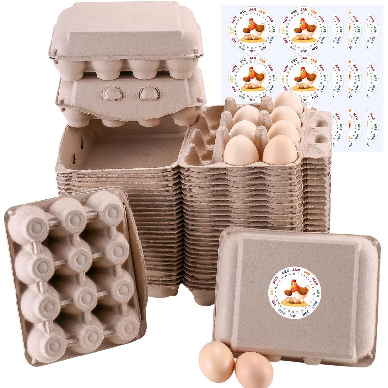 LayHyand 50 Pcs Vintage Egg Cartons with Labels, Square Dozen Egg Basket Blank Natural Paper Pulp, Classical 3x4 Style Holds Up to One Twelve 12 Count Chicken Eggs, Sturdy Eggs Box with Stickers - Image 1