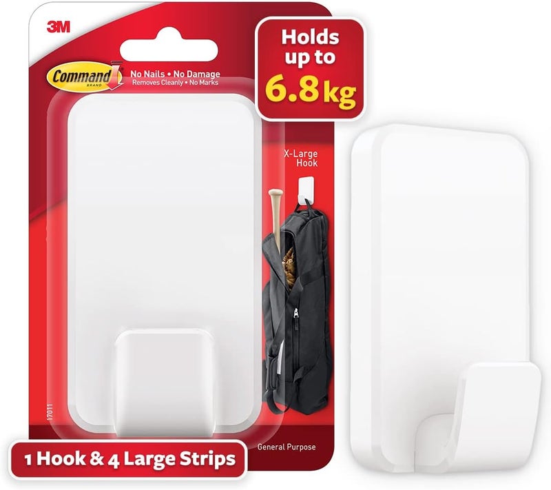 Command 3M, Mega Utility Wall Hooks, Up to 6.8kg, Comes Off with no Paint Damage, Heavy Duty, Holds Strongly, Adhesive Hooks for Wall, Multi-Surface (1hook, 4 Strips) - Image 1