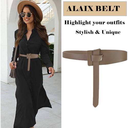 ALAIX Women's Leather Belt Dress Belt for Jeans Jumpsuit Coat Fashion Tie a Knot Genuine Leather Waist Belt Beige - Image 2