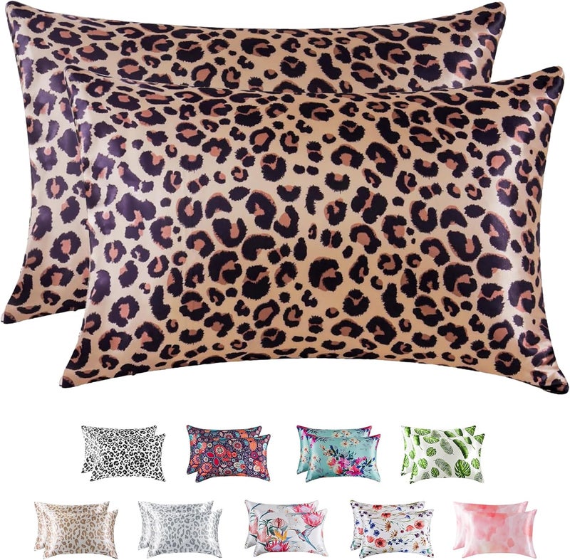 MR&HM Satin Pillowcase for Hair and Skin, Silk Satin Pillowcase 2 Pack, Standard Size Pillow Cases Set of 2, Silky Pillow Cover with Envelope Closure (20x26, Brown Leopard) - Image 1