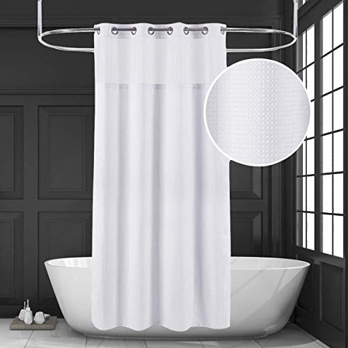 Ecoehoe 71x86 White Waffle Weave Fabric No Hooks Shower Curtain with Removable Polyeste Liner - Heavy Duty Bath Curtain with See Through Top Machine Washable - Image 1