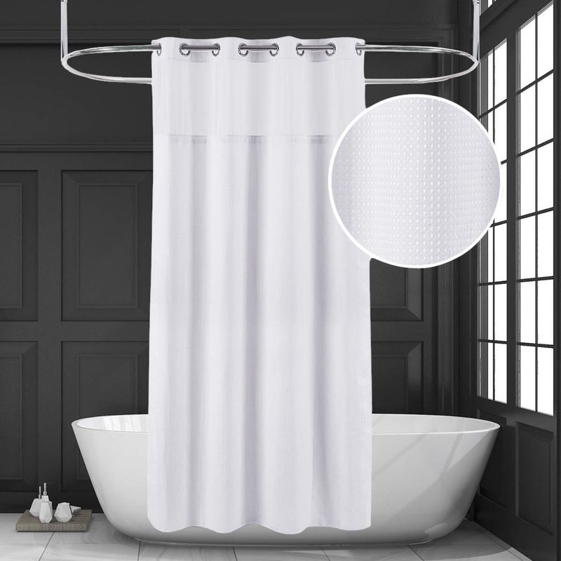 Ecoehoe 71x86 White Waffle Weave Fabric No Hooks Shower Curtain with Removable Polyeste Liner - Heavy Duty Bath Curtain with See Through Top Machine Washable - Image 2
