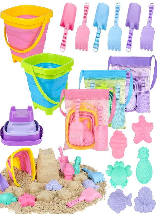 TSDATOWR Collapsible Beach Toys for Kids, 3 Pack Foldable Sand Buckets and Shovels Set with Mesh Bag, Silicone Pails Shovels Molds, Sandbox Travel Sand Toys for Beach Essentials for Toddlers Kids Age 3-10 - Image 1