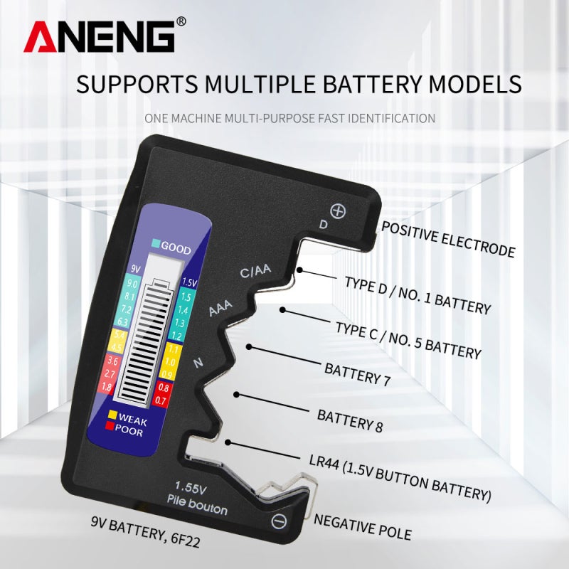 Battery Tester: Black ABS Insulating Shell, Multi-Battery Compatibility, LCD Visual Display - Portable Ergonomic Design, Battery Checker for Household AAA AA C D 9V Button Batteries - Image 2