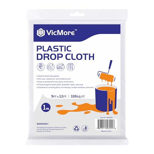 VicMore Clear Plastic Drop Cloth - Water & Dustproof, Odorless Plastic Sheet for Painting, Renovations, DIY Projects - Durable Paint Tarp with 1mil Thickness - Floor Covering & Dust Cover - 9 x 12’ - Image 1