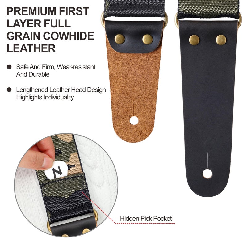 Nefelibata Guitar Strap Camo with Head Cowhide Leather Ends for Acoustic Guitar Electric Guitar Bass Guitar Straps with Free Lock and Headstock Strap - Image 2