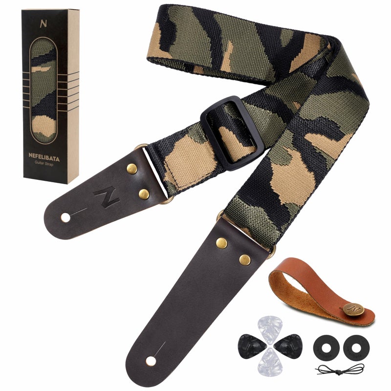 Nefelibata Guitar Strap Camo with Head Cowhide Leather Ends for Acoustic Guitar Electric Guitar Bass Guitar Straps with Free Lock and Headstock Strap - Image 1