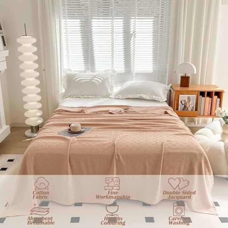 Loquat Cotton Jacquard Blanket, Summer Thin Throw Blanket, King Size, For Bed Sofa Naps, Camel 200x230cm - Image 2