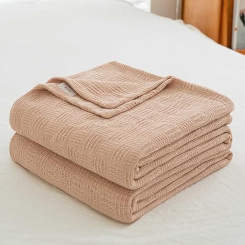 Loquat Cotton Jacquard Blanket, Summer Thin Throw Blanket, King Size, For Bed Sofa Naps, Camel 200x230cm - Image 1