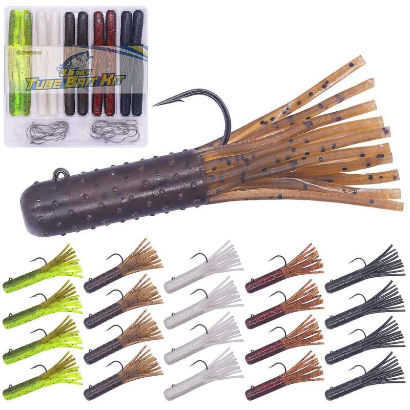 XFISHMAN Tube-Baits-for-Bass-Fishing-Lures-Soft-Plastic-Bait-Worm-Tube Jigs Kit with Smallmouth Large Mouth Bass Lake Trout (3.5 inch Tube Baits 32 pc. Kit) - Image 1