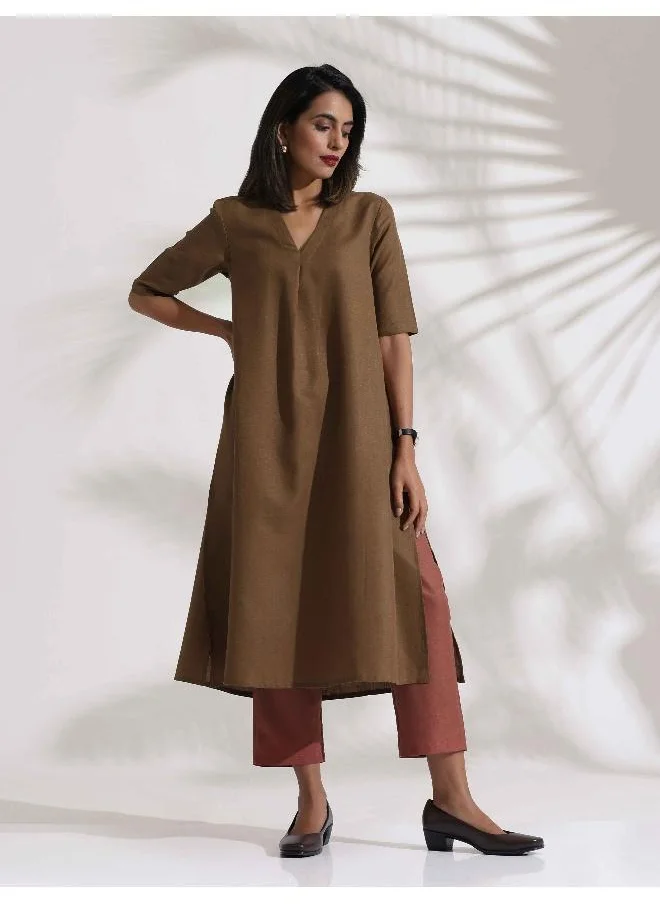 trueBrowns trueBrowns Brown Slub Highslit Kurta Set