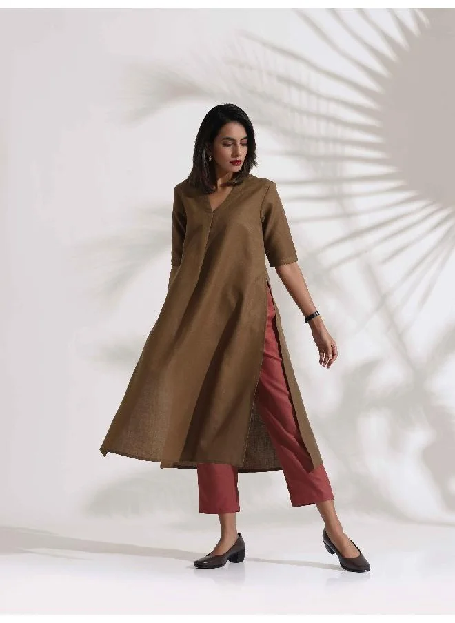 ترو برونز trueBrowns Brown Slub Highslit Kurta Set