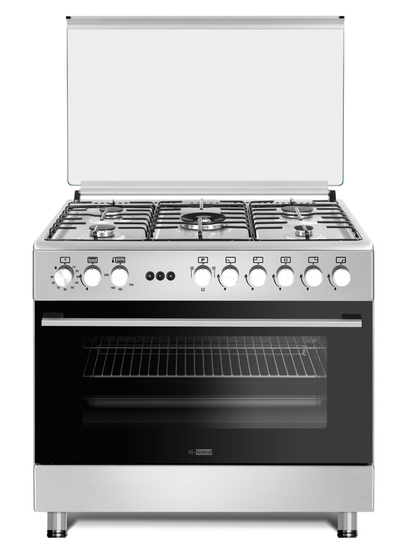 GL General Heavy Duty 90x60cm 5 Burners Gas Cooking Ranger, Wide Stand, Auto Burner, Total Safety, Oven Grill & Fan, Up & Down Heating Oven, Inside Oven Light, Timer  - Image 1